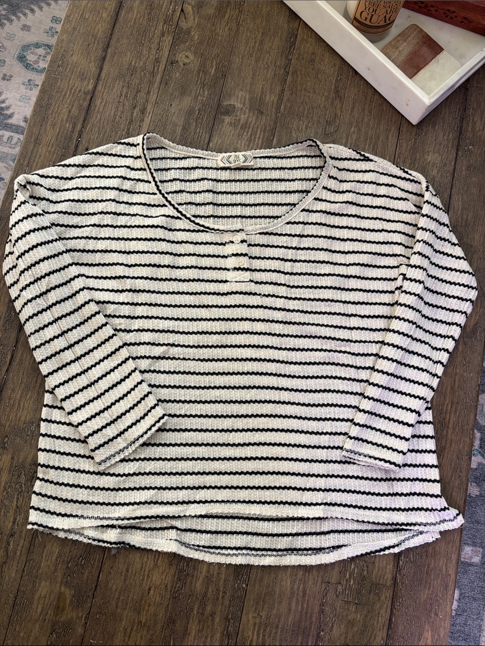 Pink Rose Black & White Striped Scoop Neck Pullover